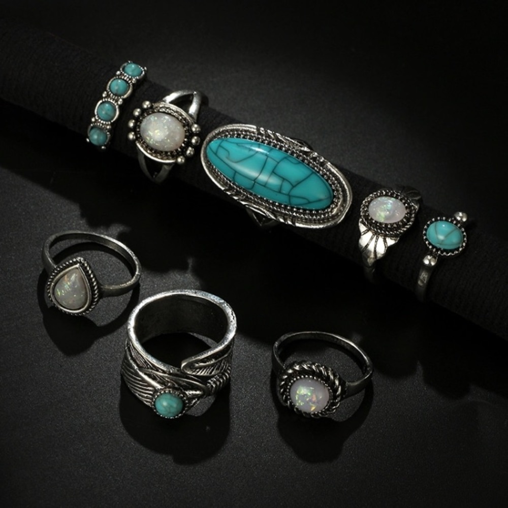 8 Pc Boho Turquoise & Silver Ring Set NEW!! - Picture 3 of 4